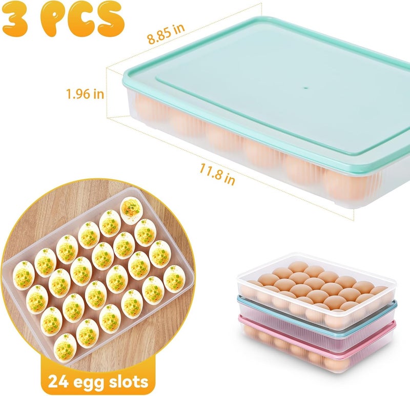 FACULX 3 Pack Deviled Egg Containers with Lid and 8 Pcs Deviled Egg Injector Piping Tool, Egg Organizer for Refrigerator, Fridge Stackable Countertop Portable Egg Platter (pink,blue,green) - Image 2